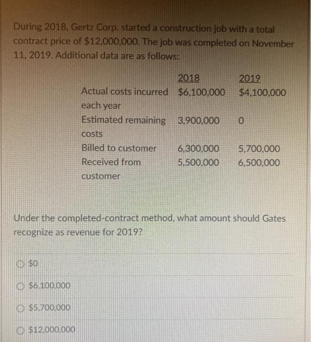  During 2018, Gertz Corp. started a construction job with a total