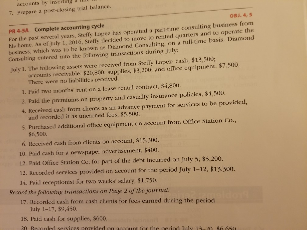 accounts by inserting a li 7. Prepare a post-closing trial balance.
