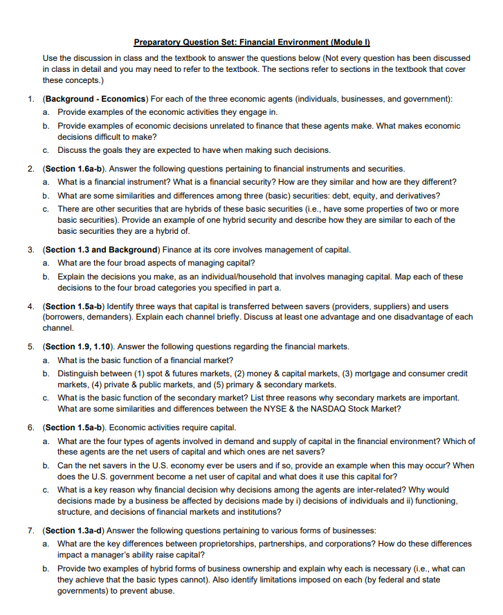  Preparatory Question Set: Financial Environment (Module I) Use the discussion in
