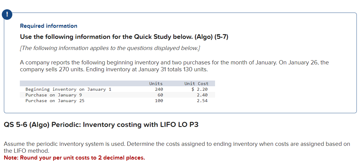 Required information Use the following information for the Quick Study below.