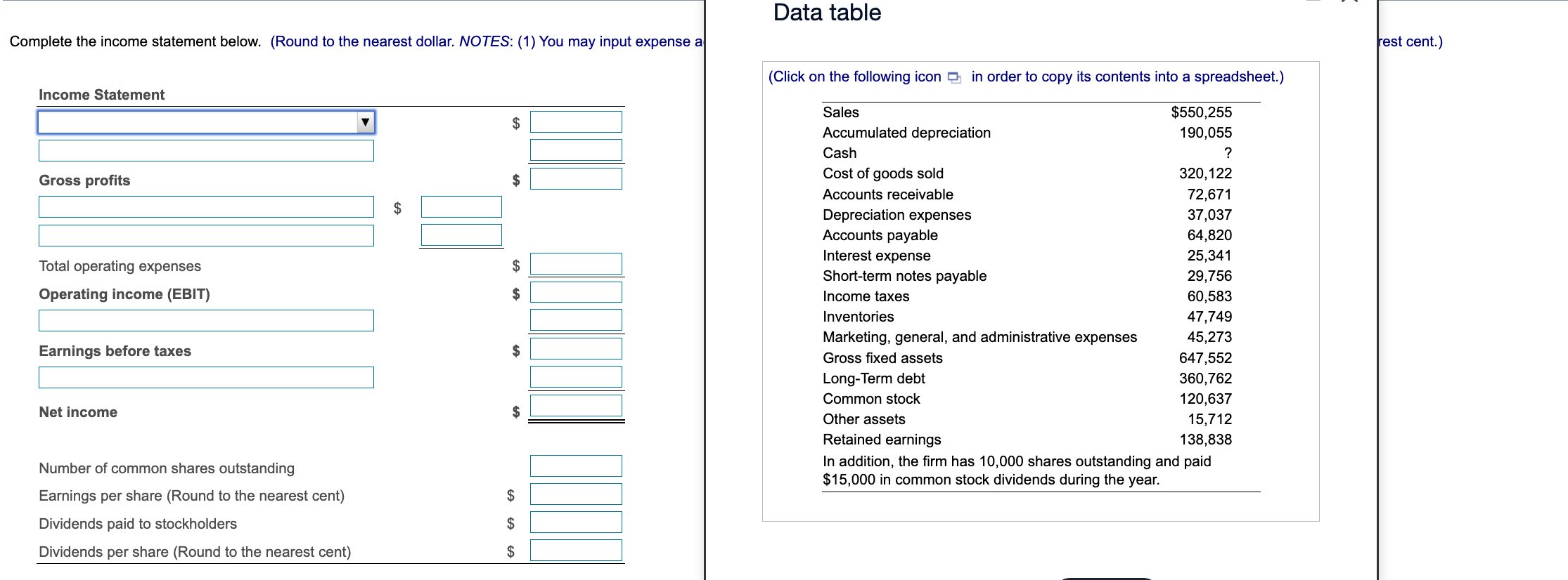PLEASE BE CLEAR ON THE NEGATIVE VALUES Data table Complete the income