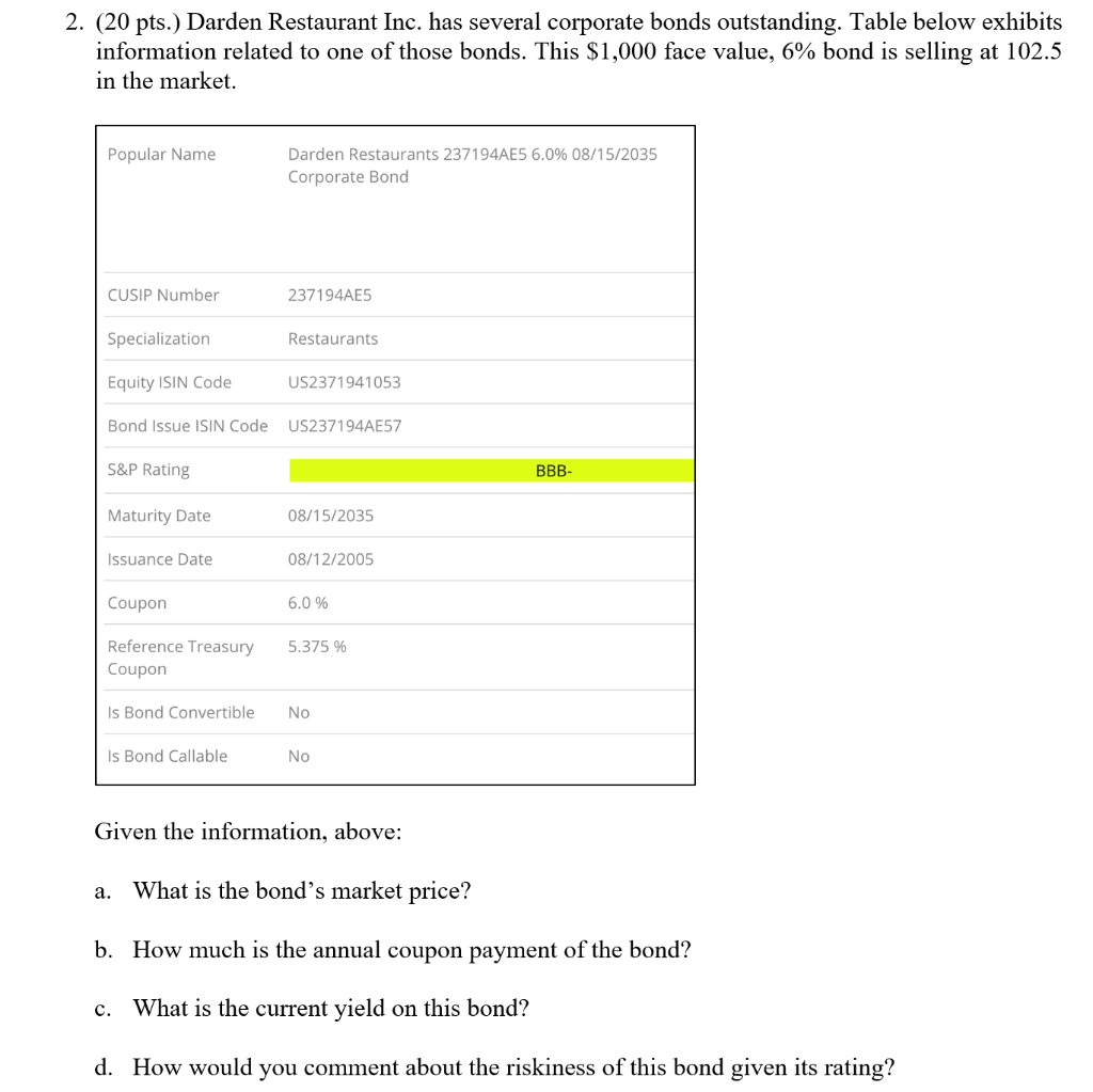 All calculations must be shown for intermediate calculations 2. (20 pts.)