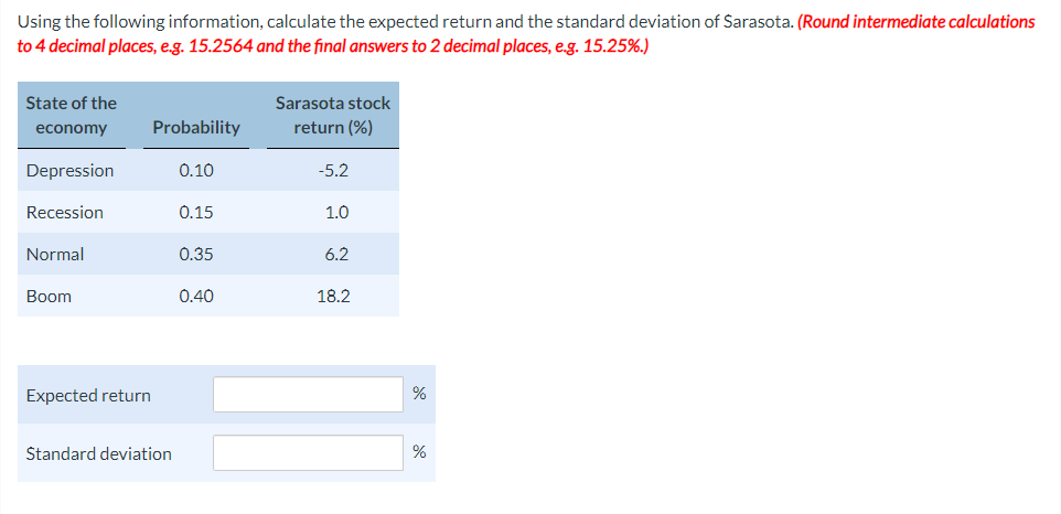  Using the following information, calculate the expected return and the standard