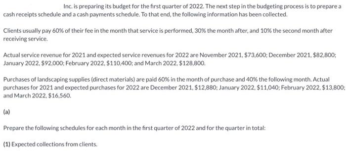 Please show work if possible thanks Inc. is preparing its budget for
