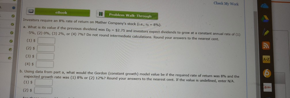  problems a and b Check My Work eBook Problem Walk-Through Investors