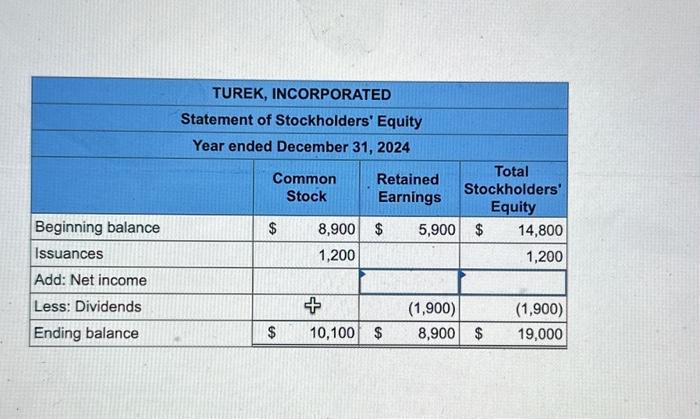 statements for Turek, Incorporated. Required: Calculate the missing amounts