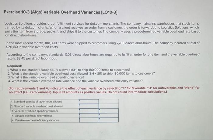  Exercise 10-3 (Algo) Variable Overhead Variances [LO10-3] Logistics Solutions provides order
