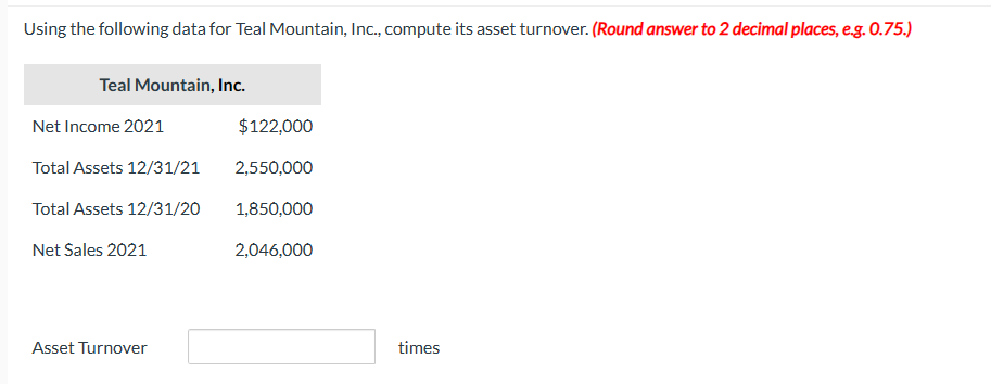 Using the following data for Teal Mountain, Inc., compute its asset