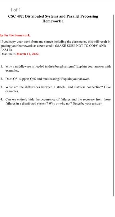  1 of 1 CSC 492: Distributed Systems and Parallel Processing Homework