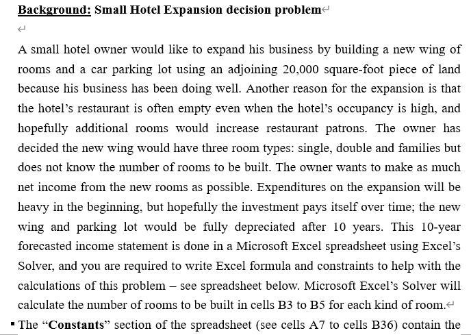 Background: Small Hotel Expansion decision problem A small hotel owner would