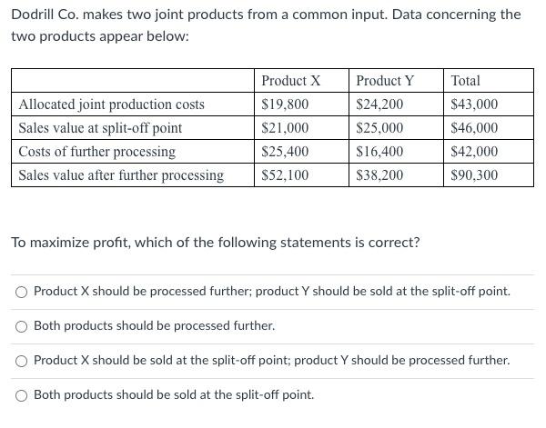  Dodrill Co. makes two joint products from a common input. Data