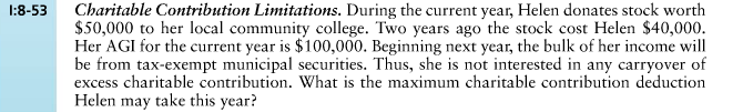  1:8-53 Charitable Contribution Limitations. During the current year, Helen donates stock