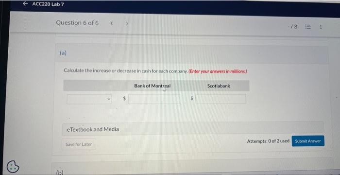 for Bank of Montreal and Scotiabank (in millions): Calculate the increase or