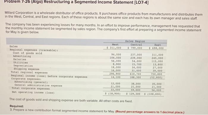 Millard corporation help on Problem /-26 (Algo) Restructuring a Segmented Income Statement