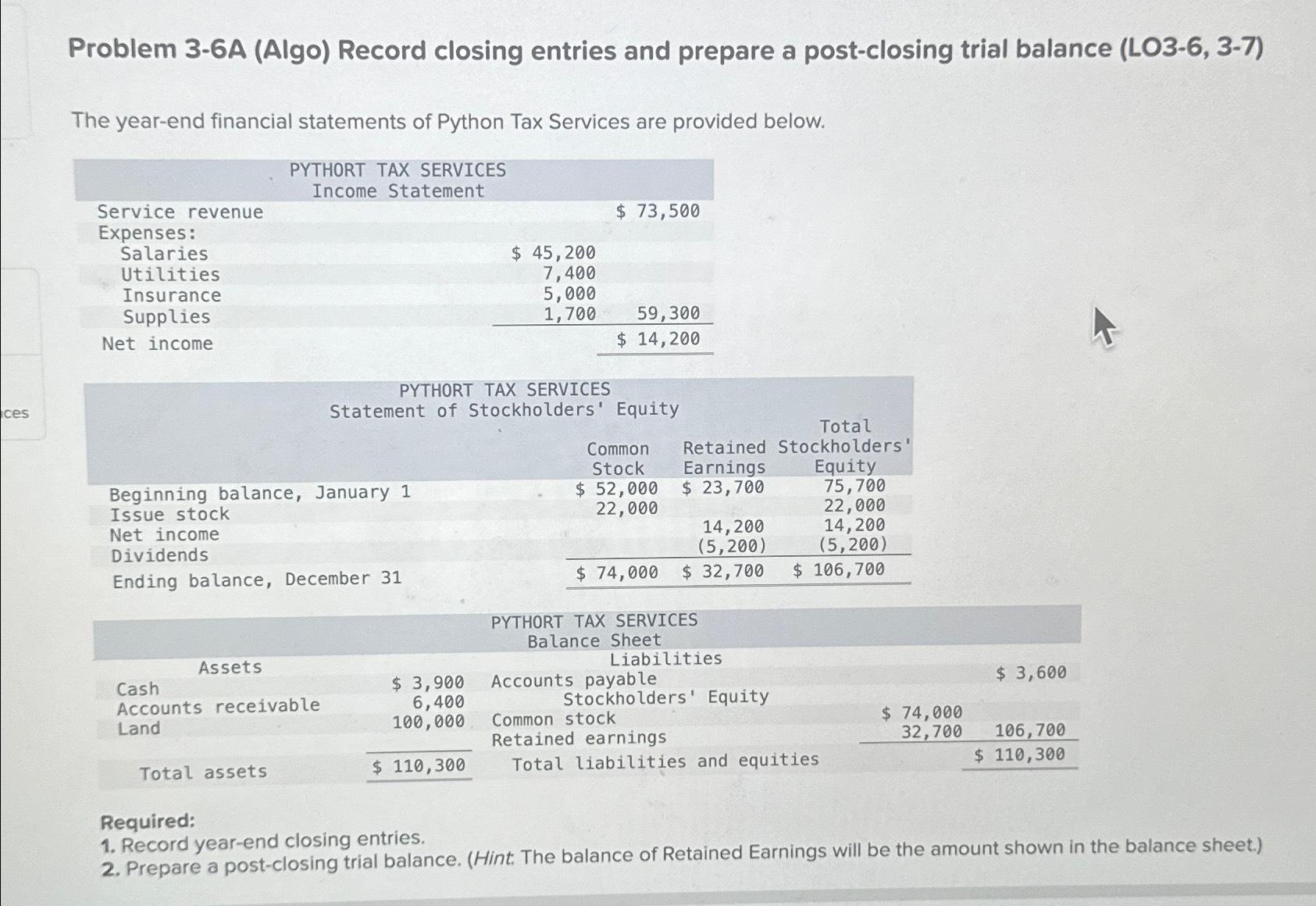  Problem 3-6A (Algo) Record closing entries and prepare a post-closing trial