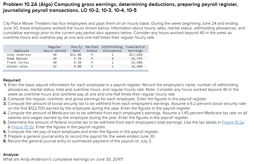  Problem 10.2A (Algo) Computing gross earnings, determining deductions, preparing payroll register,