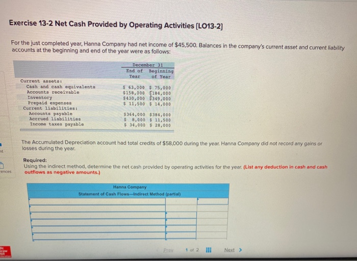  Exercise 13-2 Net Cash Provided by Operating Activities (LO13-2) For the