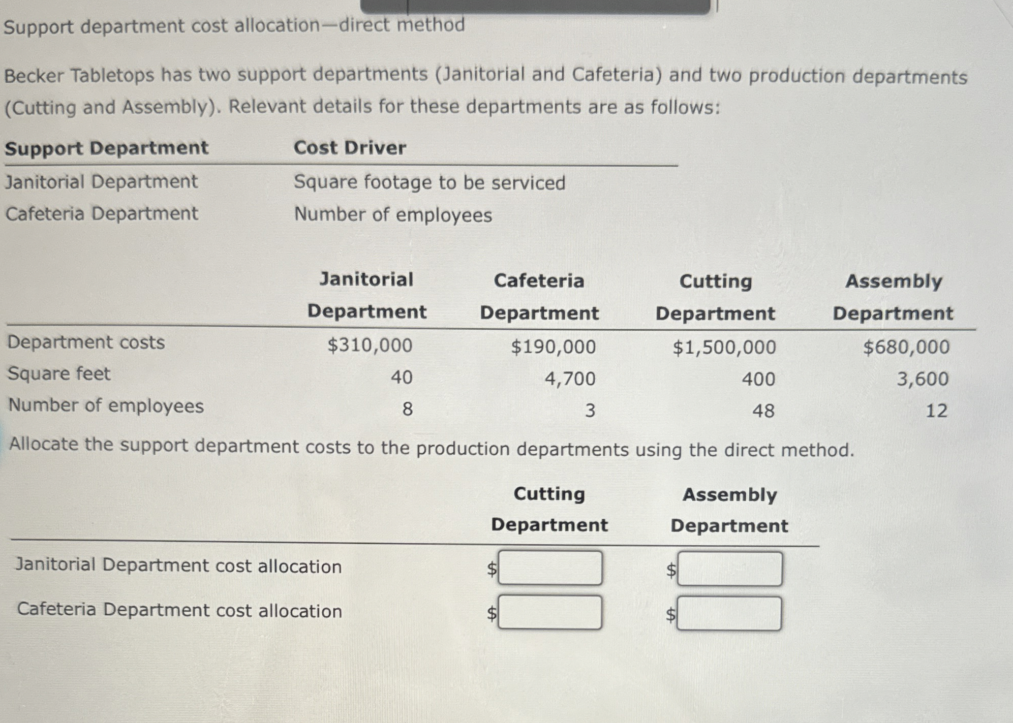  Support department cost allocation-direct method Becker Tabletops has two support departments