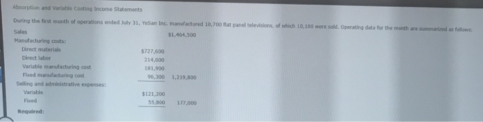  Absorption and Variable Costing Income Statements During the first month of