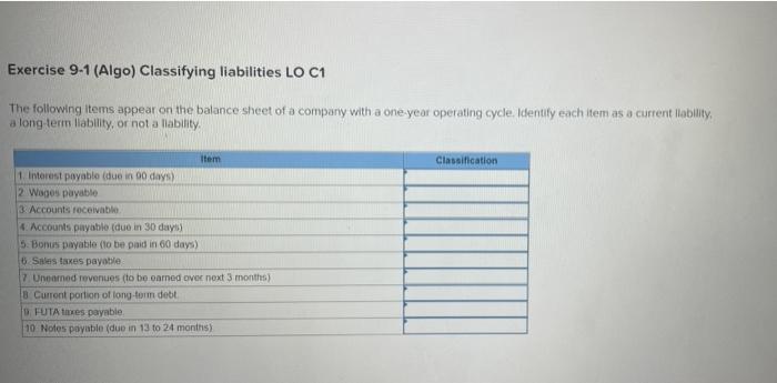  Exercise 9-1 (Algo) Classifying liabilities LO C1 The following items appear