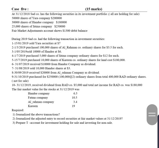  Case five : (15 marks) At 31/12/2018 Sad co. has the