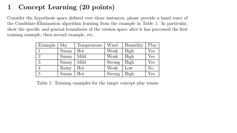  1 Concept Learning (20 points) Consider the hypothesis space defined over