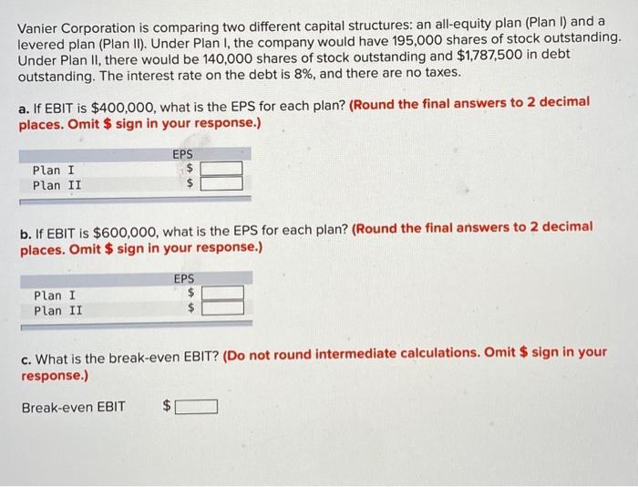  Vanier Corporation is comparing two different capital structures: an all-equity plan