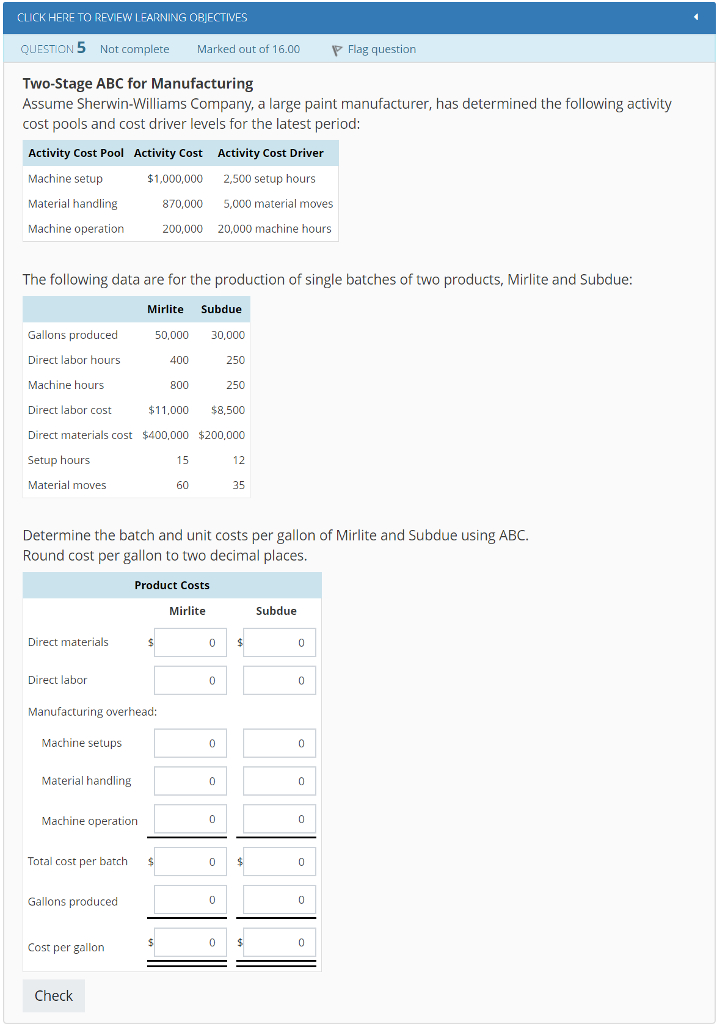 CLICK HERE TO REVIEW LEARNING OBJECTIVES QUESTION 5 Not complete Marked