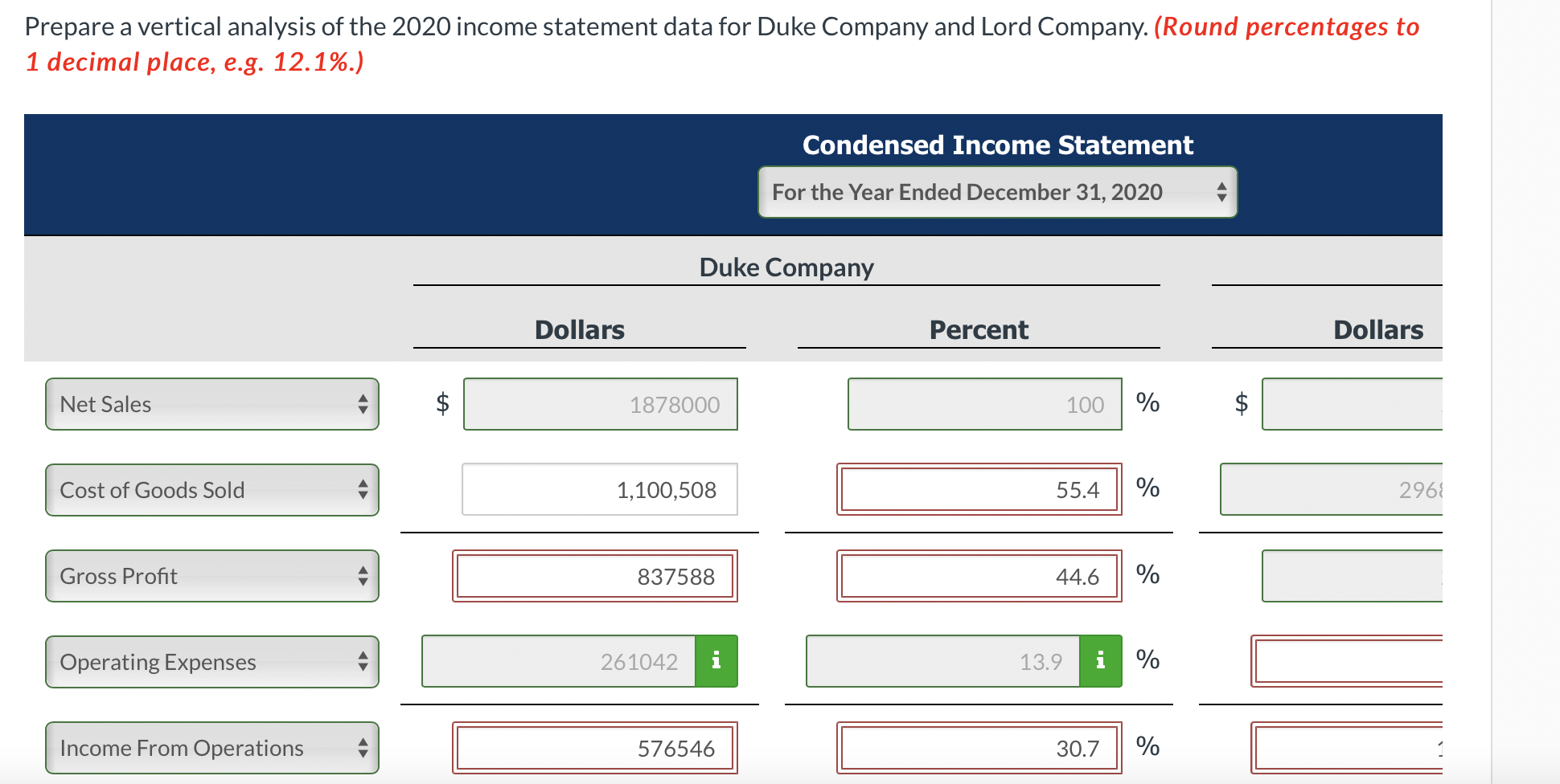Here are comparative statement data for Duke Company and Lord Company, two