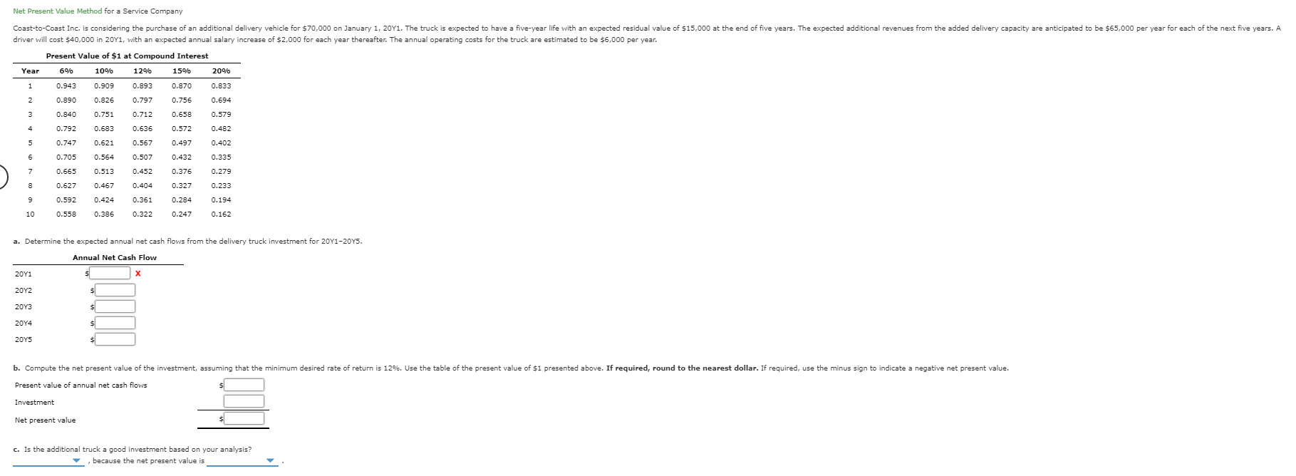 Net Present Value Method for a Service Company Coast-to-Coast Inc. is