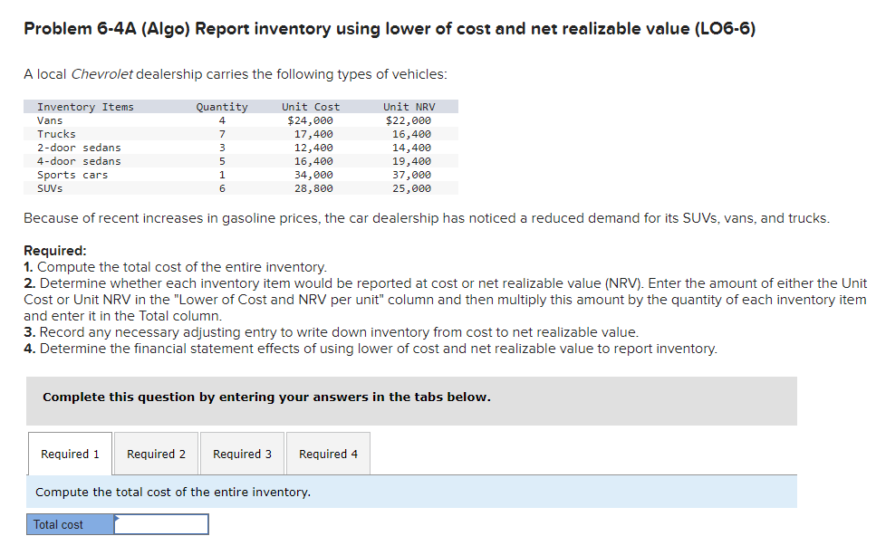  Problem 6-4A (Algo) Report inventory using lower of cost and net