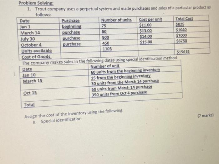  Problem Solving: 1. Trout company uses a perpetual system and made