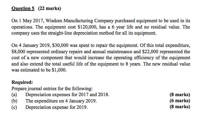  Question 5 (22 marks) On 1 May 2017, Wisdom Manufacturing Company