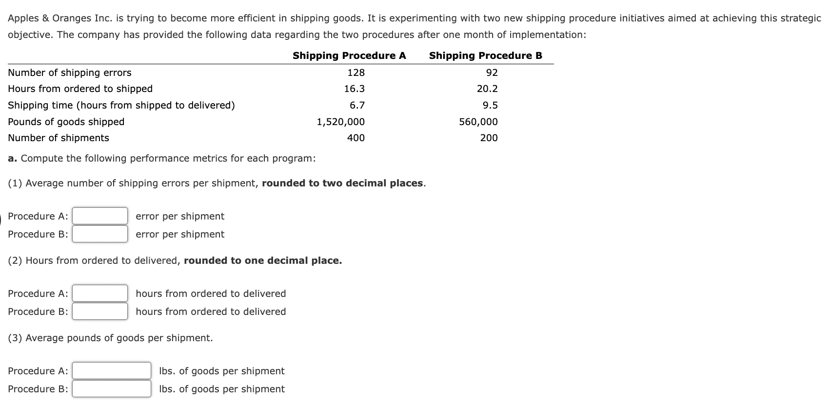  Apples \& Oranges Inc. is trying to become more efficient in