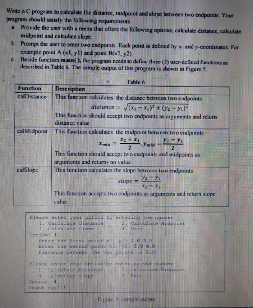  Write a C program to calculate the distance, midpoint and slope