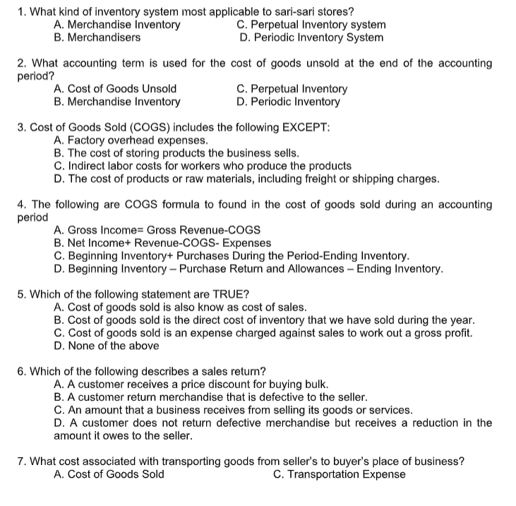 Type or paste question here 1. What kind of inventory system most