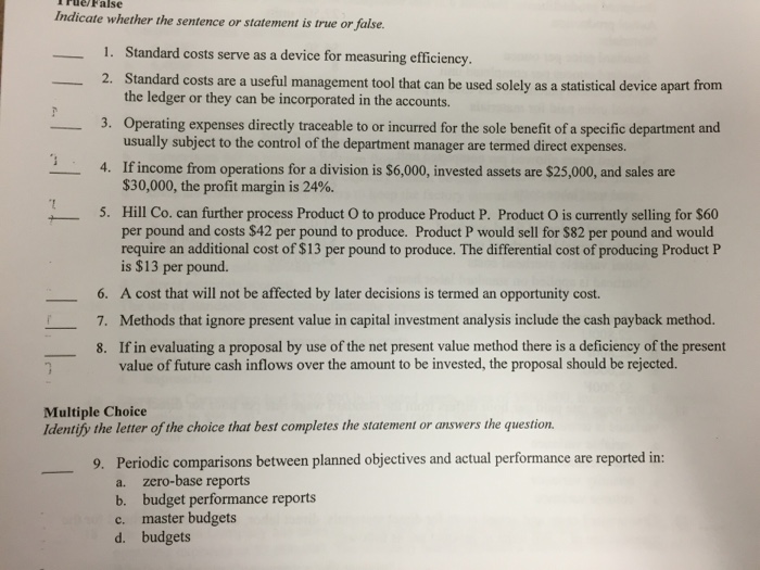  Indicate whether the sentence or statement is true or false. I.