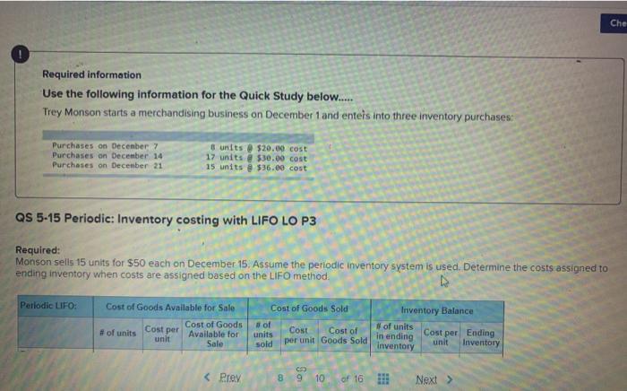  Che Required information Use the following information for the Quick Study