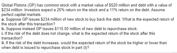 Please show the calculation. Global Pistons (GP) has common stock with a