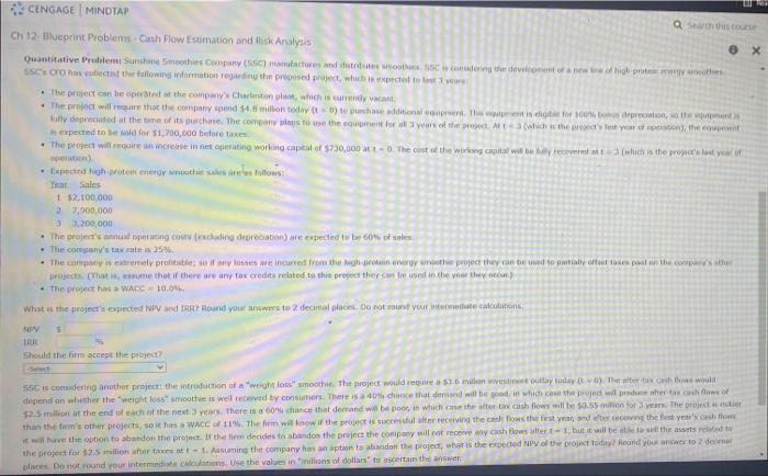 please help! CENGAGE | MINDTAP a Seats Ch 12 blueprint Problem Cash