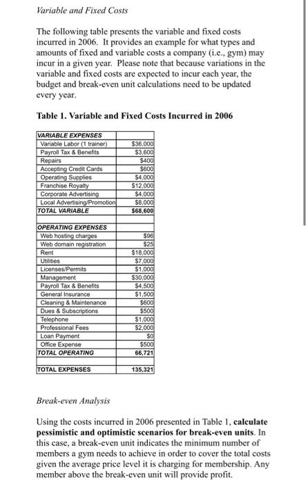 NEED HELP ASAP Variable and Fixed Costs The following table presents
