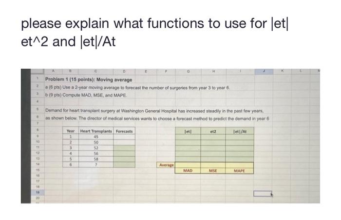  please explain what functions to use for |et| et 2 and