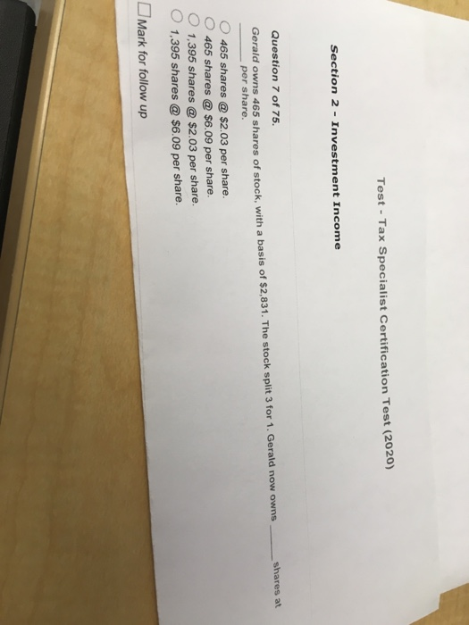  Test - Tax Specialist Certification Test (2020) Section 2 - Investment