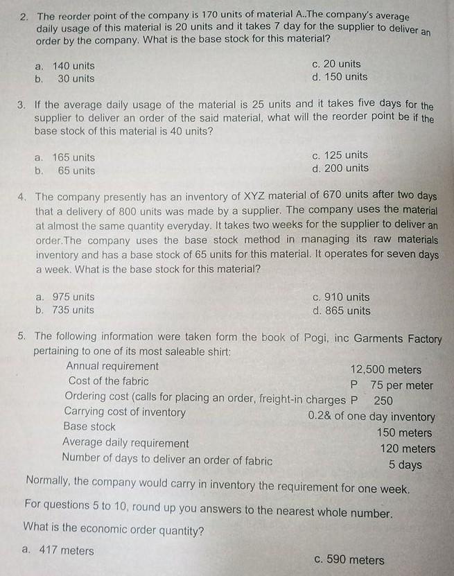 I need your help with this problem. 2. The reorder point of