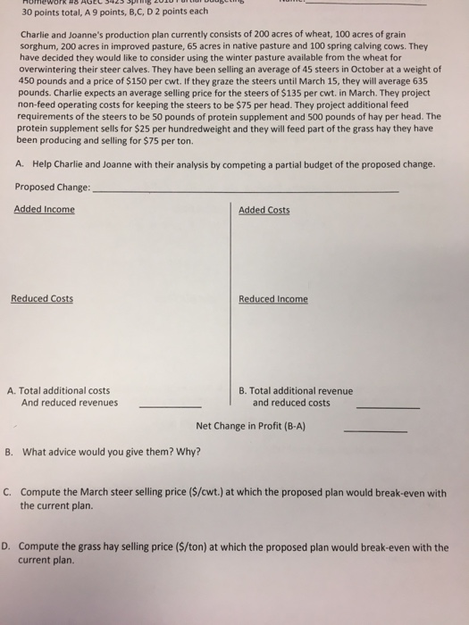  Farm management partial budget 30 points total, A 9 points, B,C,