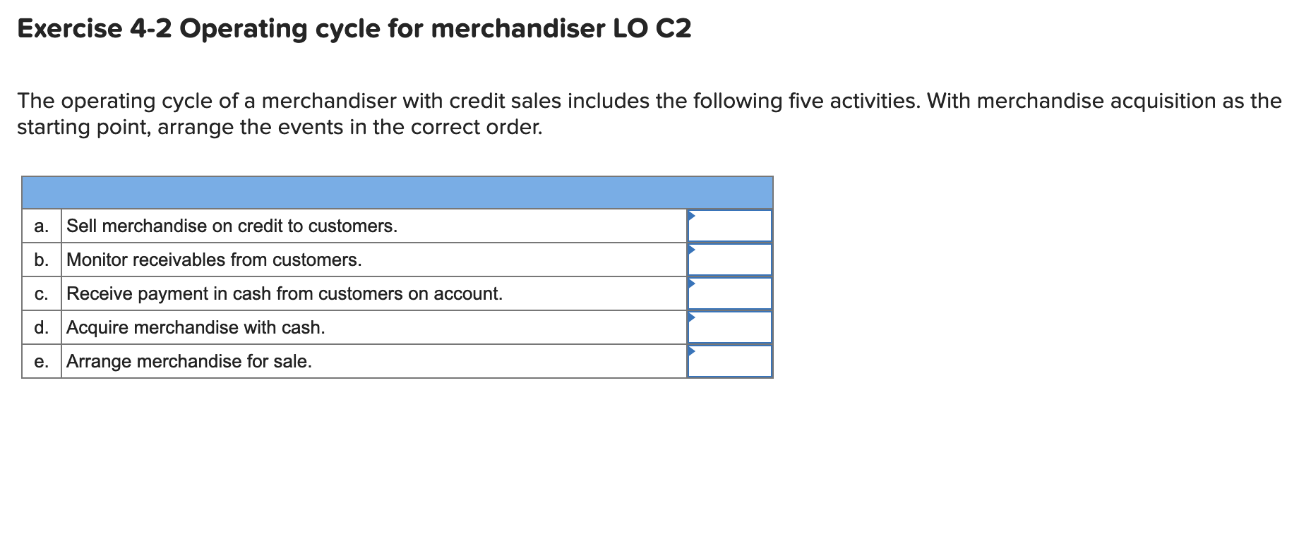 Exercise 4-2 Operating cycle for merchandiser LO C2 The operating cycle