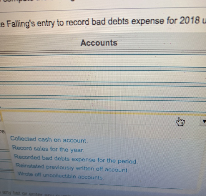 Falling's entry to record bad debts expense for 2018 u Accounts re