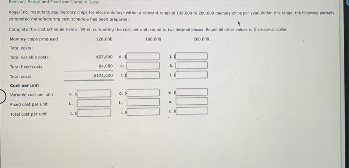  Relevant Range and Fixed and Variable costs Vogel Inc. manufactures memory