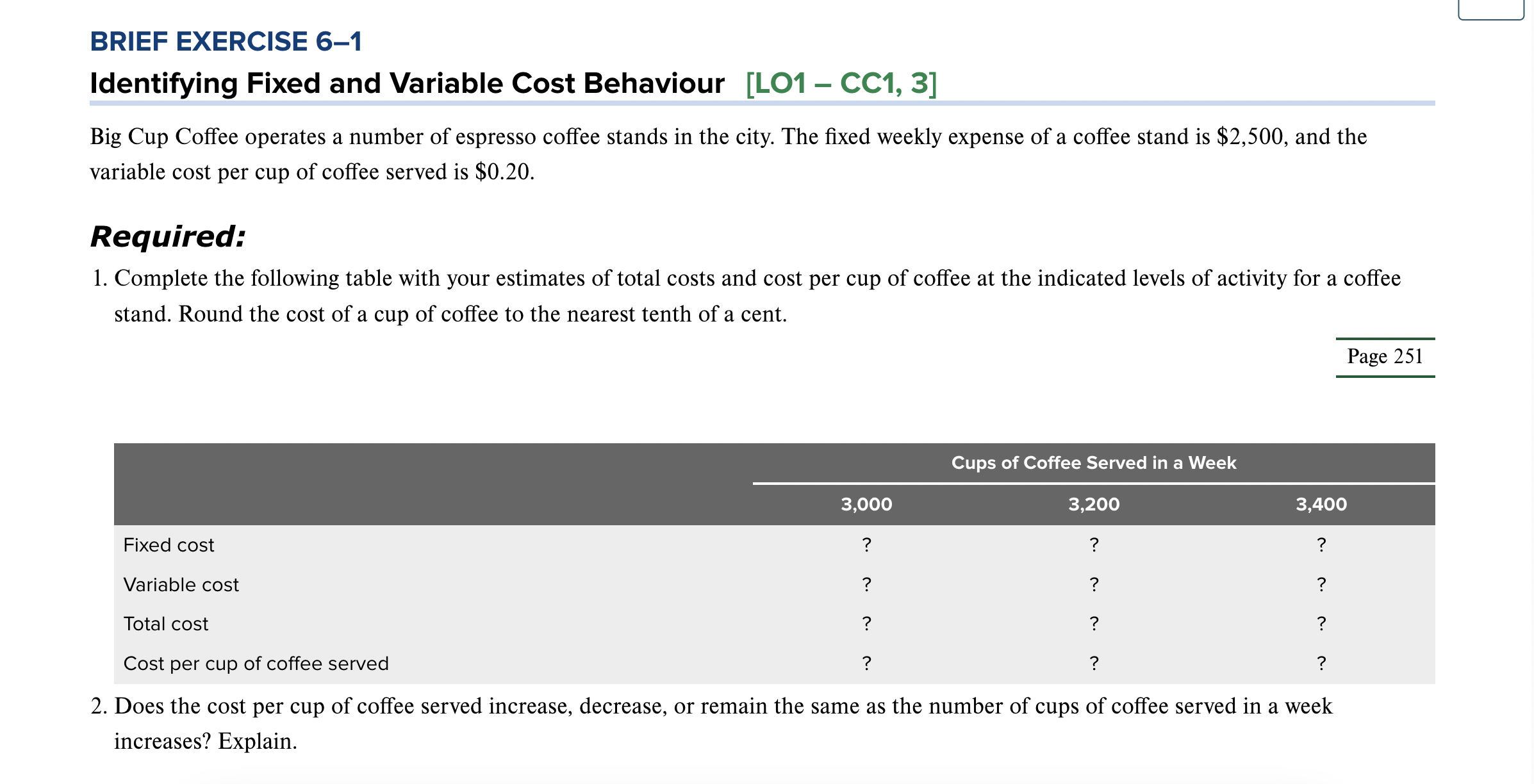 Question 1. BRIEF EXERCISE 6-1 Identifying Fixed and Variable Cost Behaviour [LO1