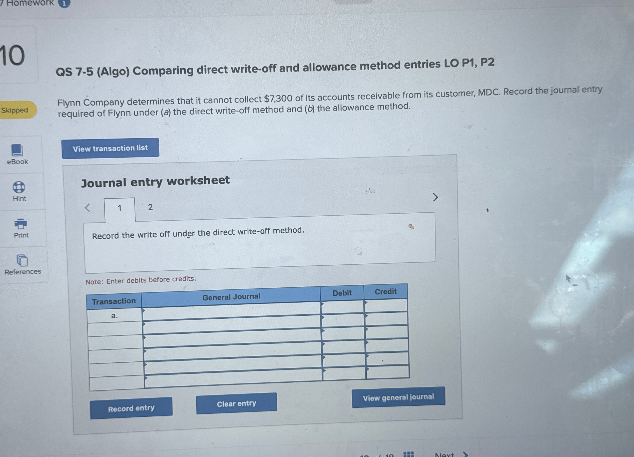  QS 7-5(Algo) Comparing direct write-off and allowance method entries LO P1,